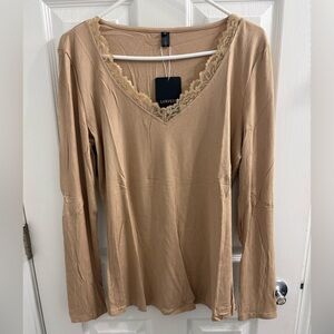 Luxe Beige Lace Accent Long Sleeve Top